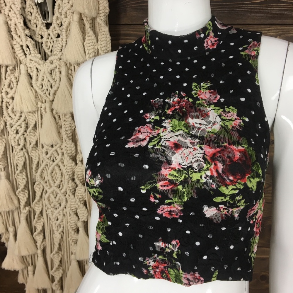 Poetry | Lace‎ Mesh Halter Crop Floral Polka Dot